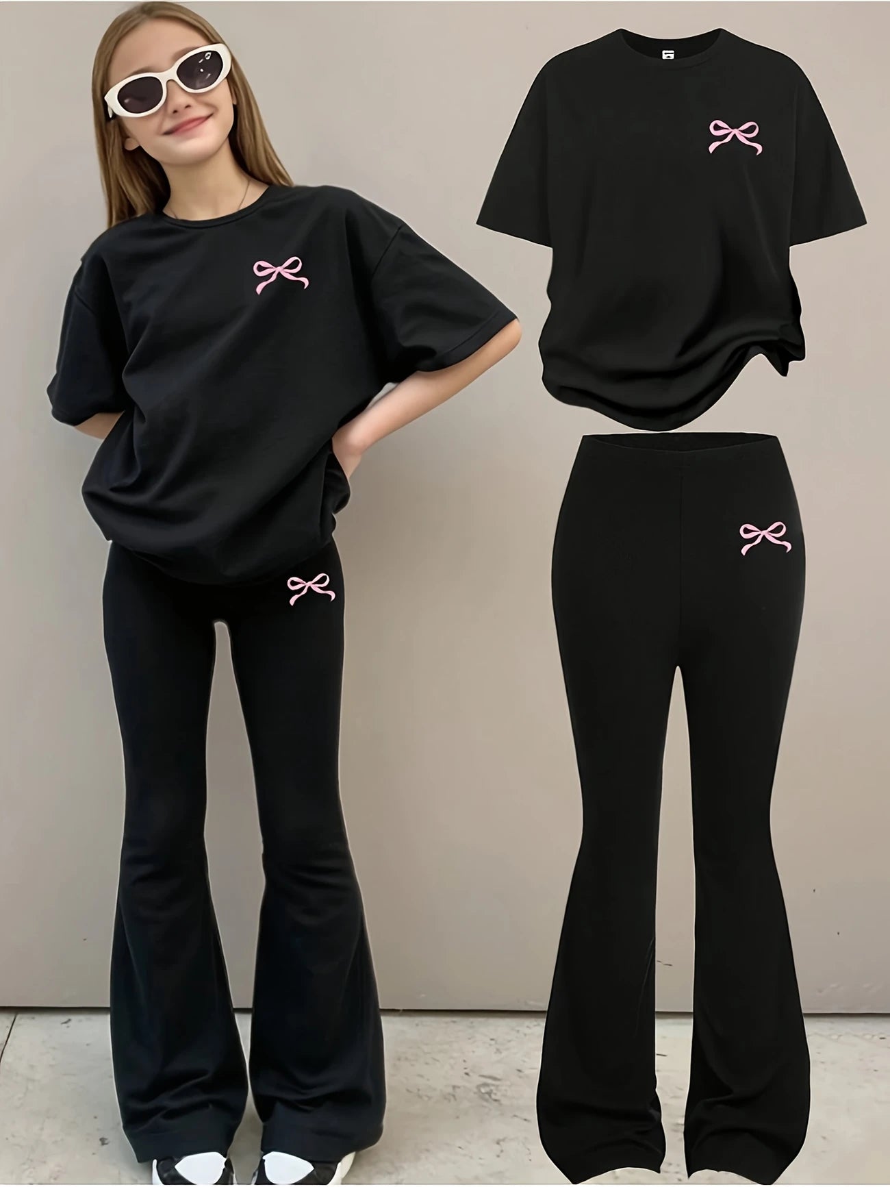 Girls' Bow Printed Short Sleeve Top+Fashion Horn Tight Bow Printed Pants Set