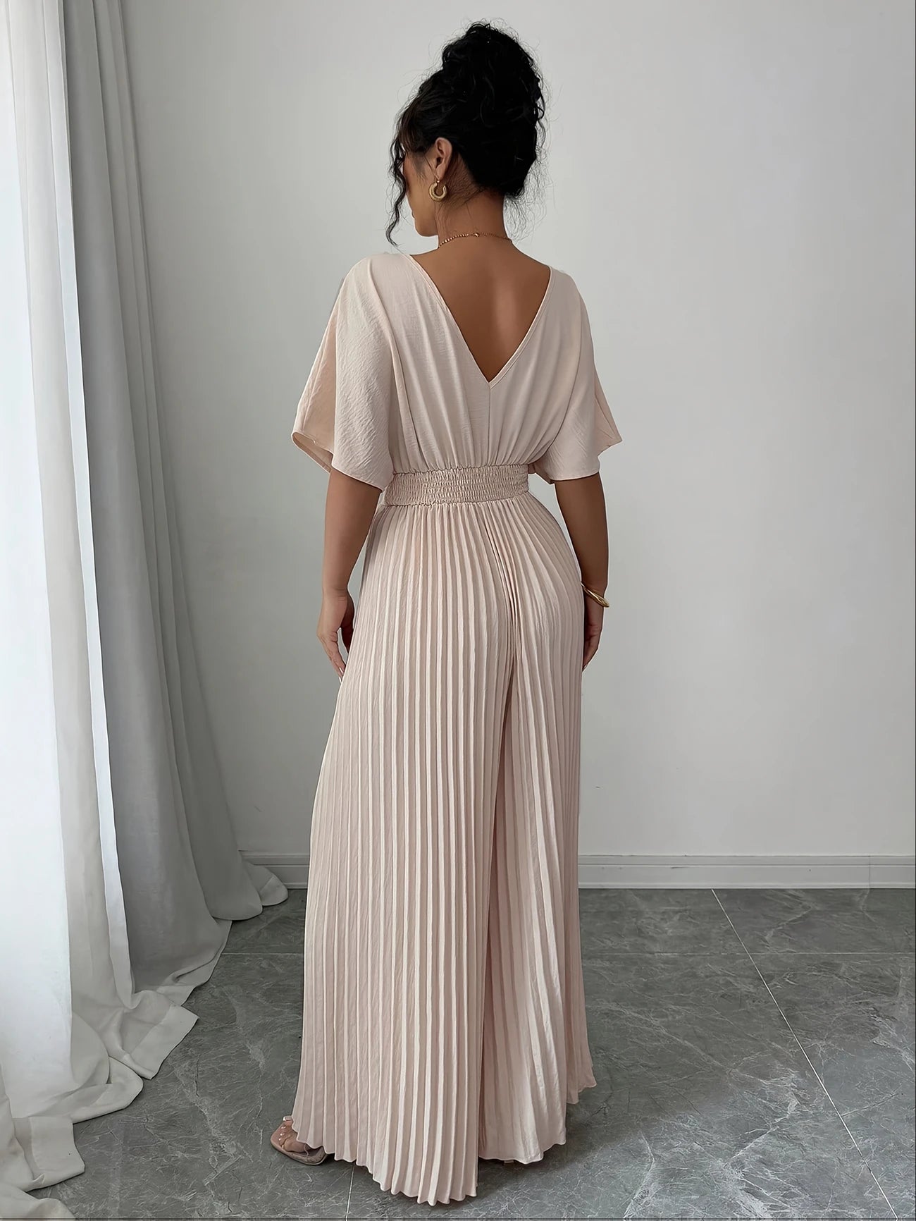 Women's Solid Deep V-Neck Bat Wing Pleat Elegant Jumpsuit Black or Beige 6 - 26