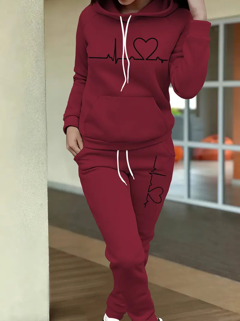 Heartbeat Print Hoodie with Kangaroo Pocket & Matching Joggers