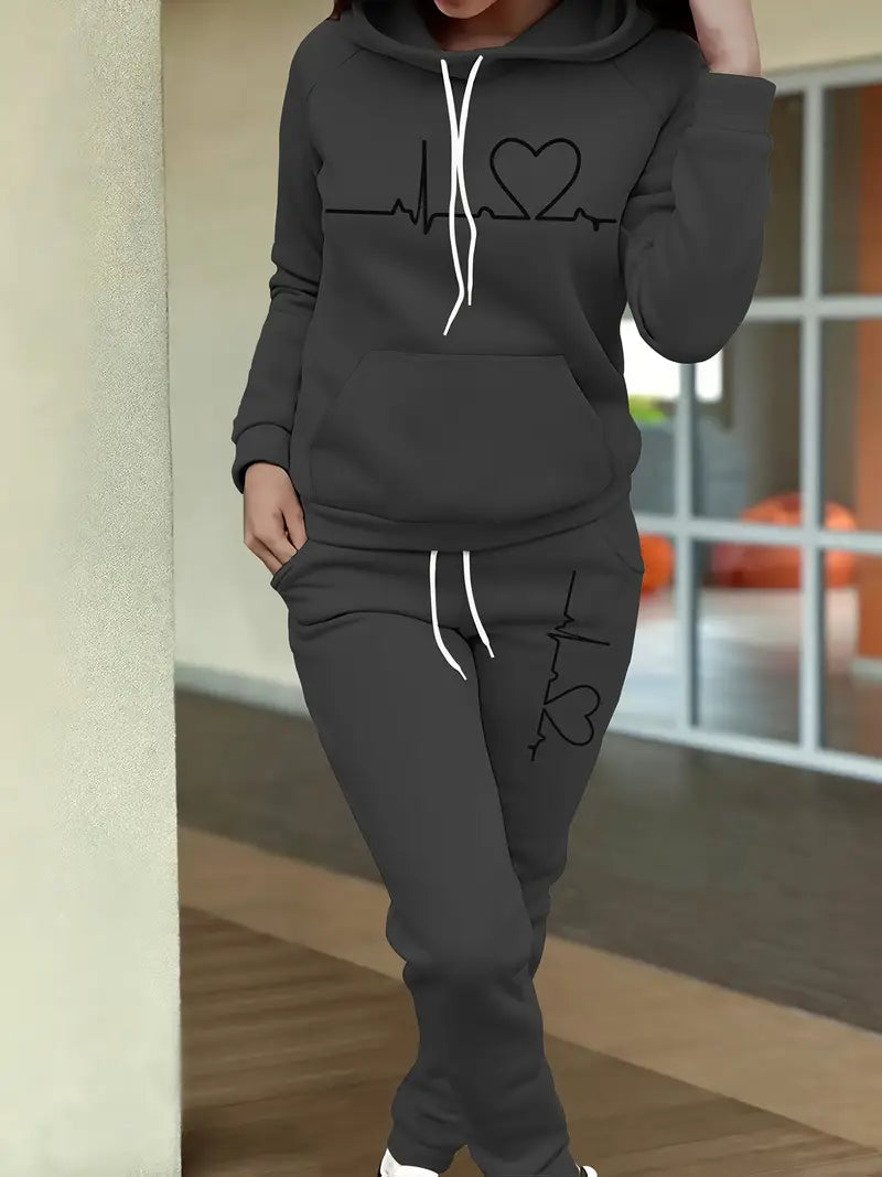Heartbeat Print Hoodie with Kangaroo Pocket & Matching Joggers