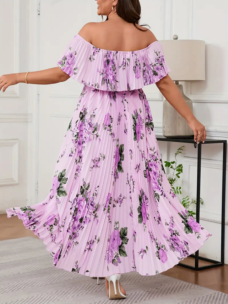 Elegant Curve Floral Print Ruffle Sleeve Maxi Dress