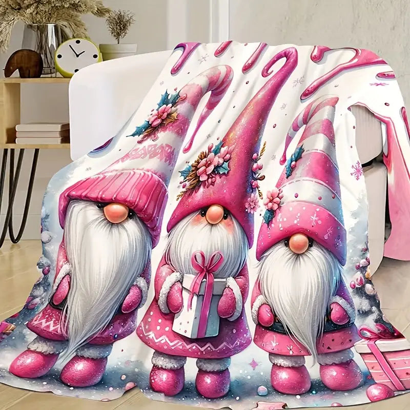 Cozy Pink Winter Gnome Print Flannel Throw Blanket
