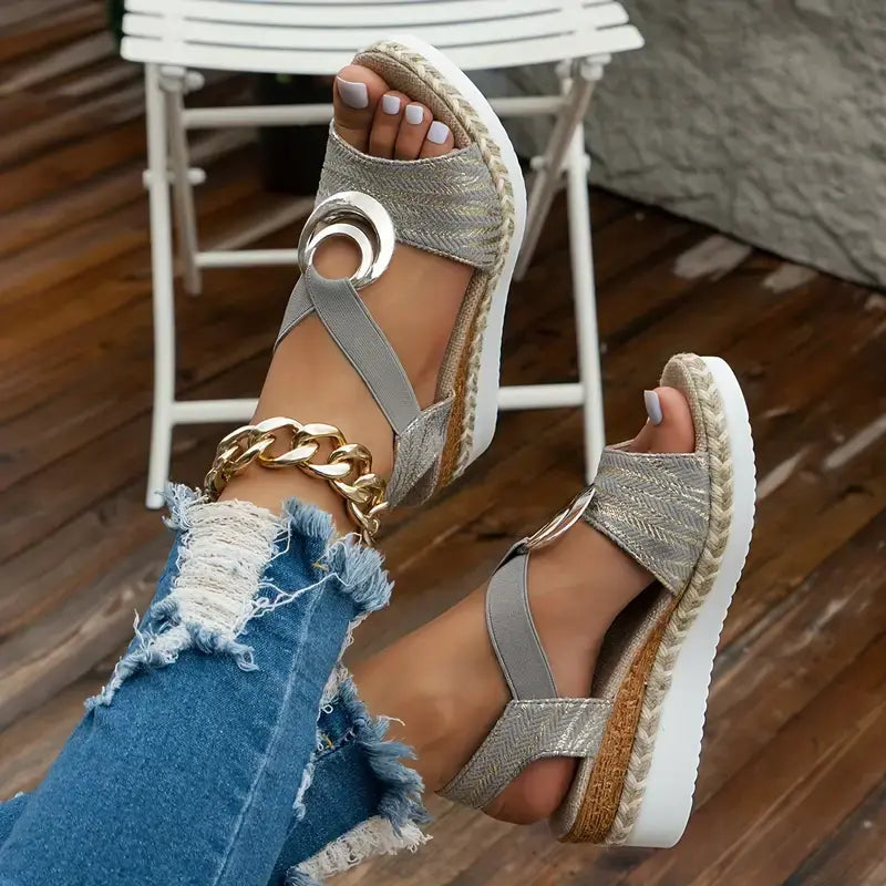 Women's Solid Color Wedge Sandals, Buckle Design