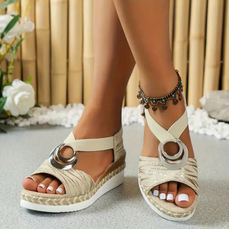 Women's Solid Color Wedge Sandals, Buckle Design