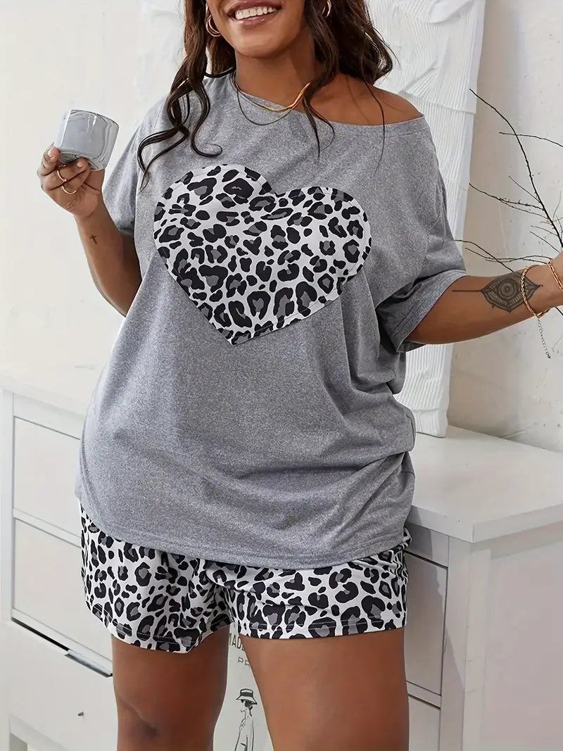Two Piece Curve Leopard Heart Print Pajama Set -