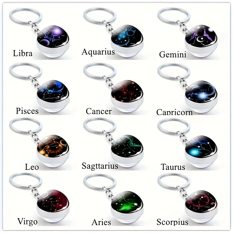 Starry Night Zodiac Keychain - Double-Sided Glass Ball Zodiac