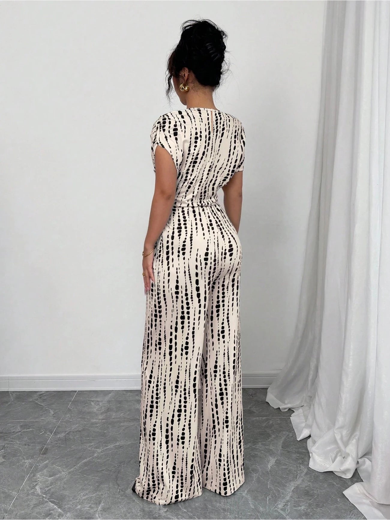 Elegant Off-Shoulder Striped Jumpsuit - Black & White Vertical Stripes 8 -24