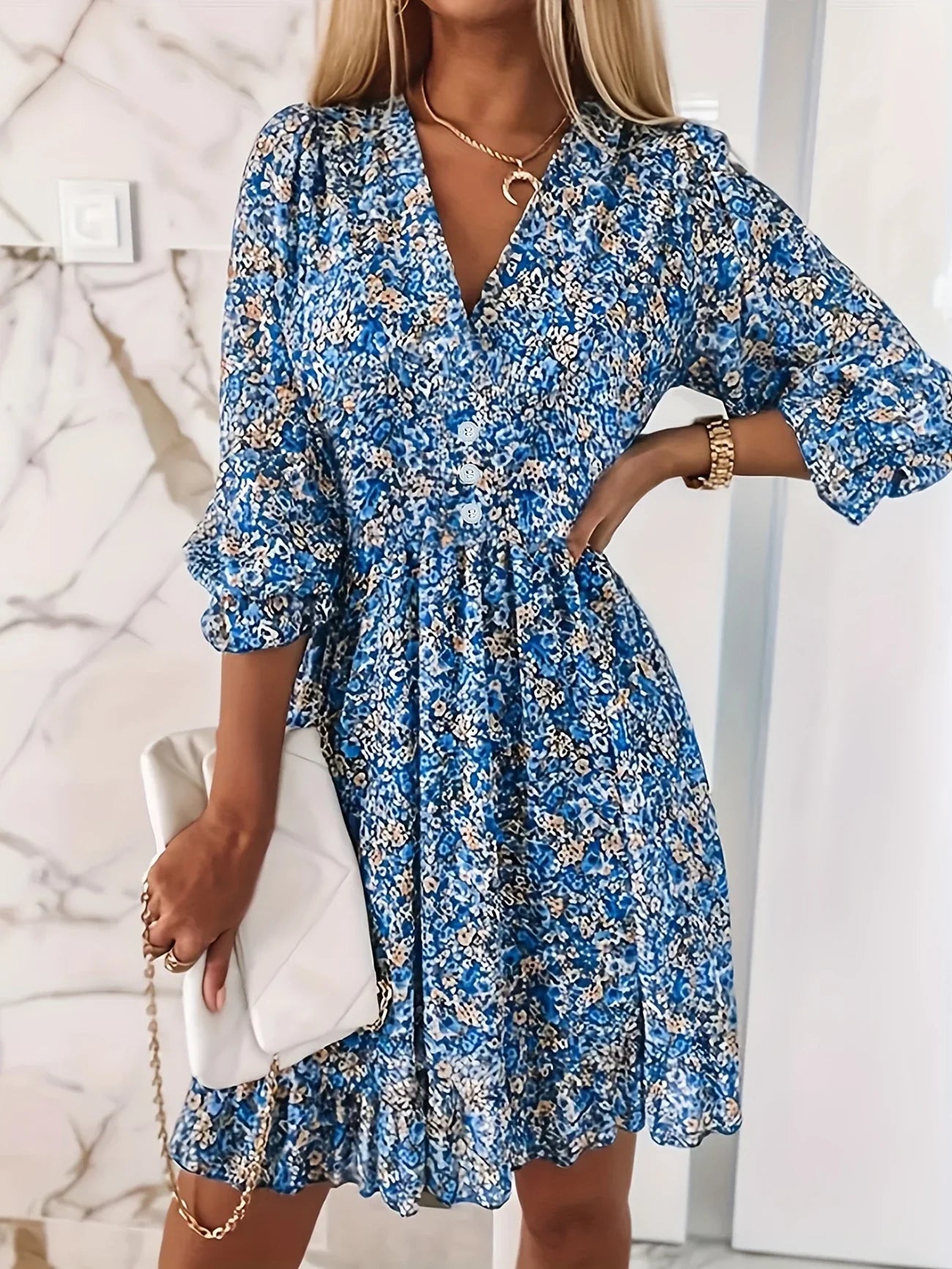 Floral Print Short Sleeve Bubble Sleeve A-Line Dress, with Button Details