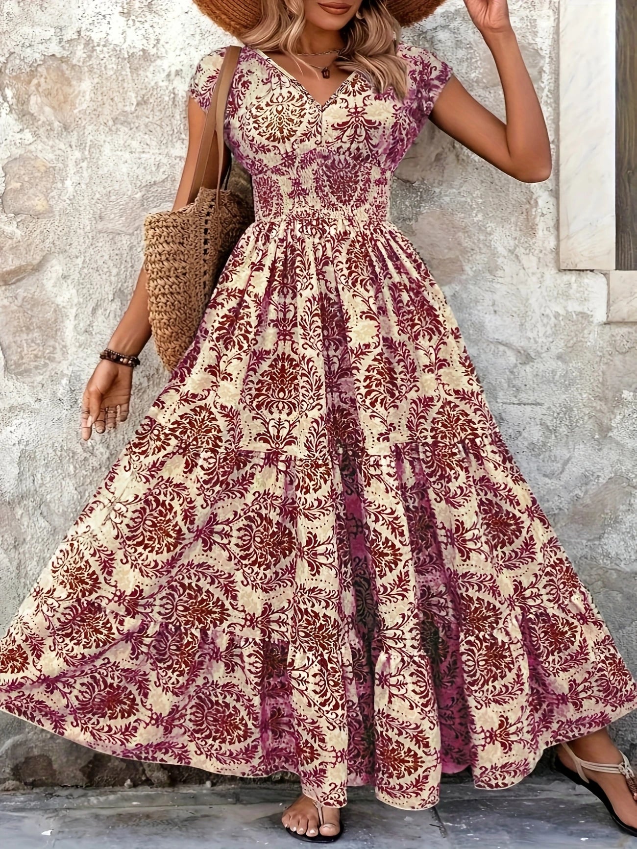 Bohemian Print V-Neck Short Sleeve Maxi Dress Curve 8 - 26
