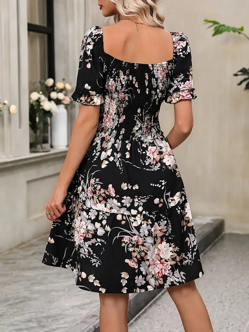 Floral Print Square Neck Ruffled Dress