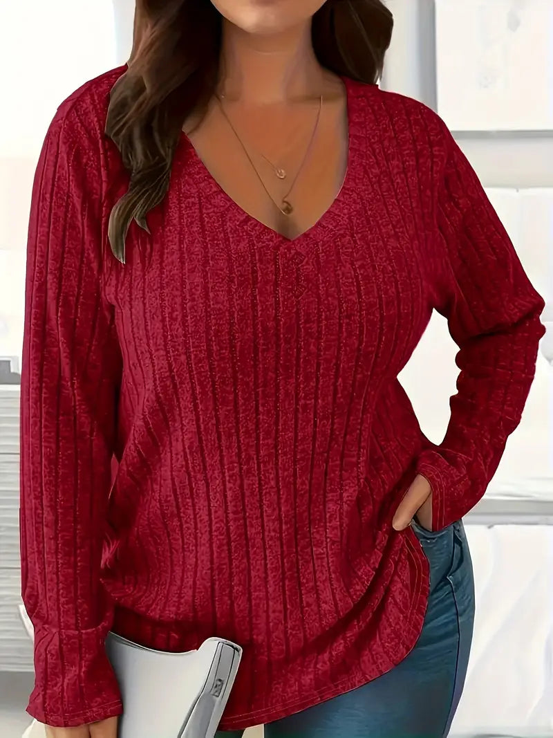 Elegant V-Neck Long Sleeve T-Shirt, Curve