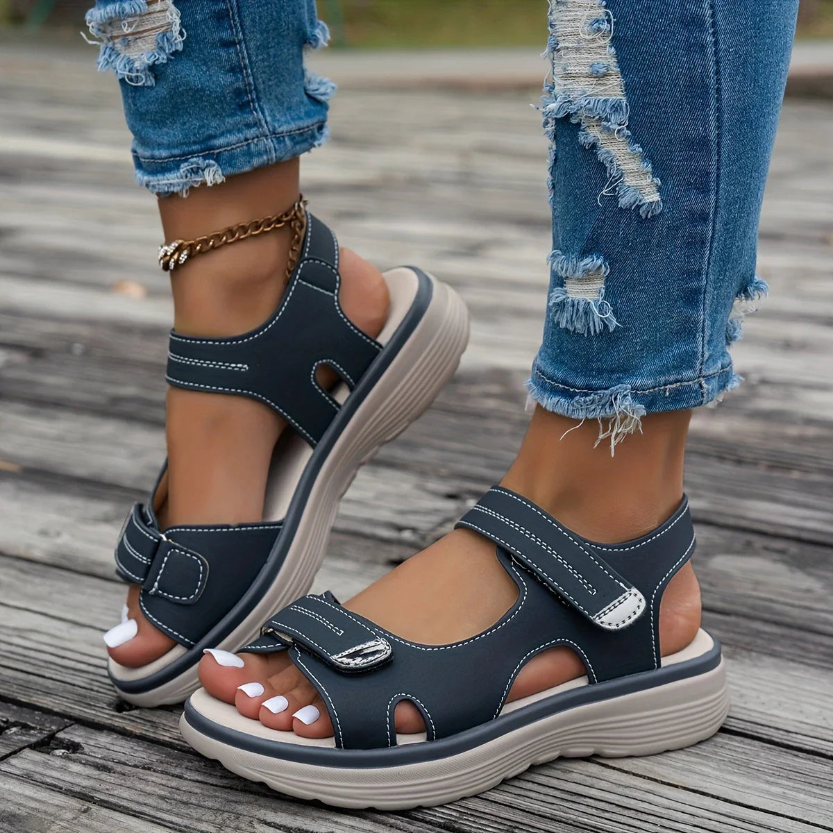 Women's Solid Color Velcro strap Sandals