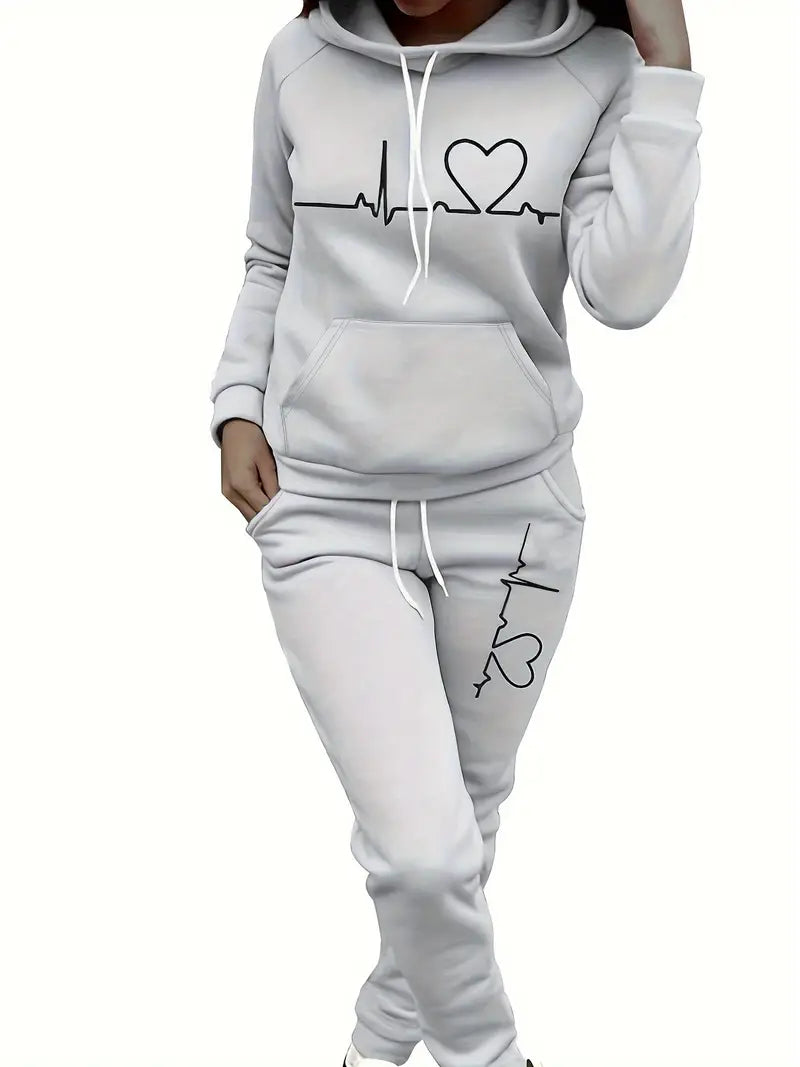 Heartbeat Print Hoodie with Kangaroo Pocket & Matching Joggers