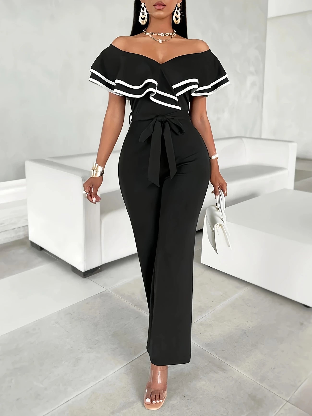 bardot Jumpsuit with Ruffle Sleeves and Color Block Stripess 8 -24