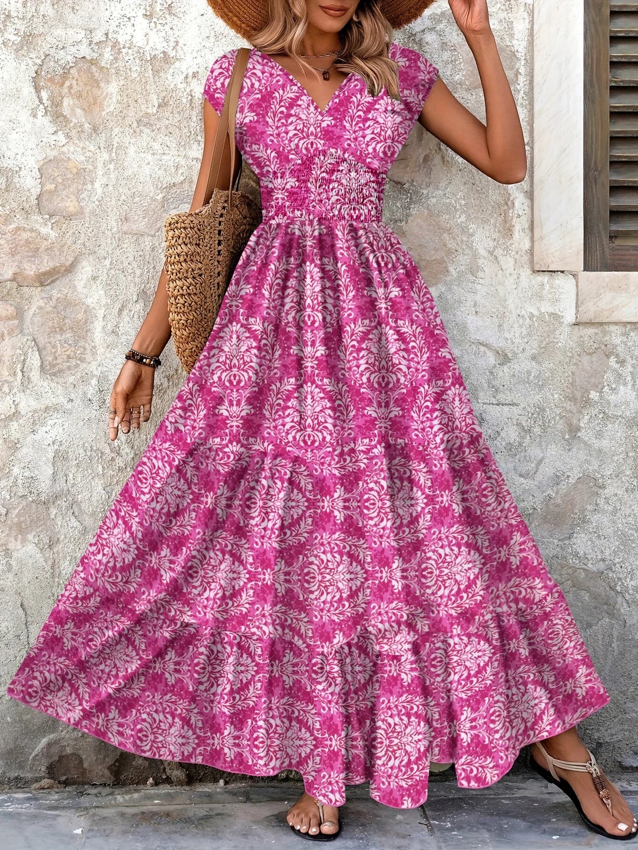 Women's Elegant Paisley Print V-Neck Batwing Sleeve Maxi Dress