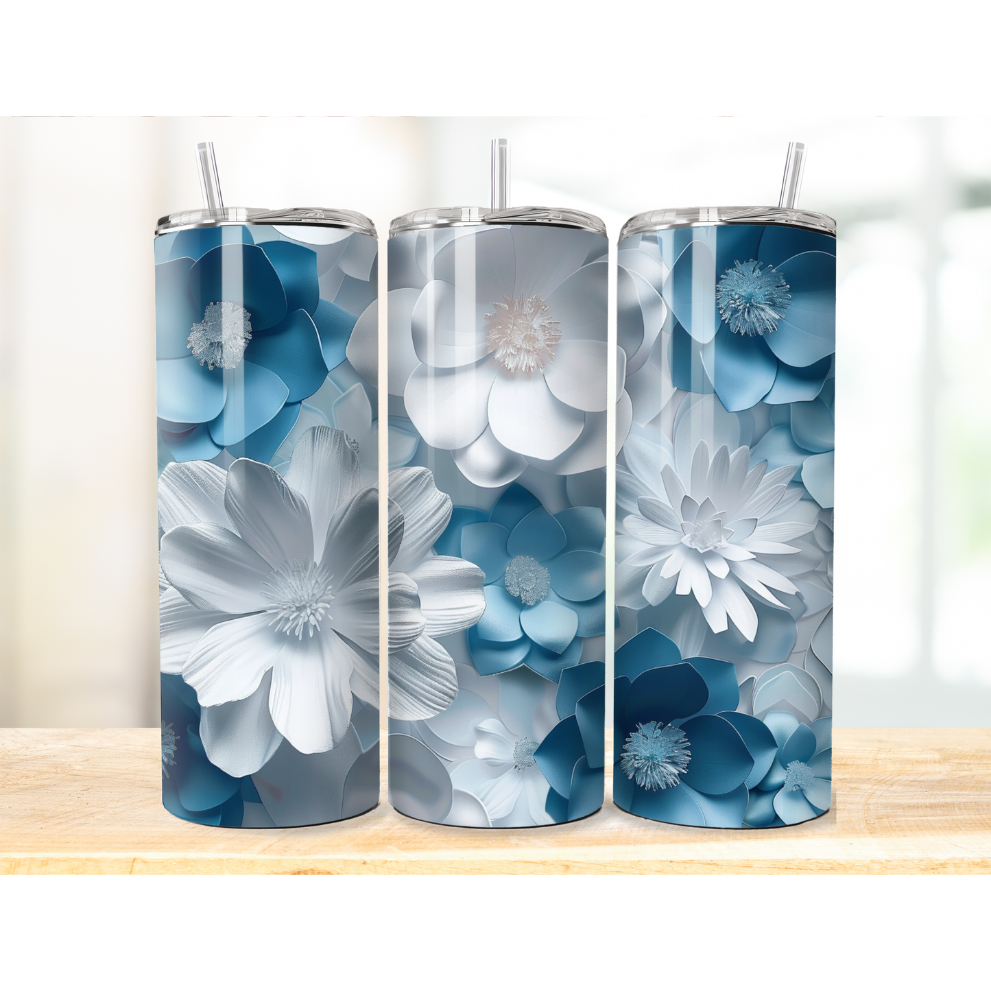 20 oz Tumbler 3D Blue Flowers