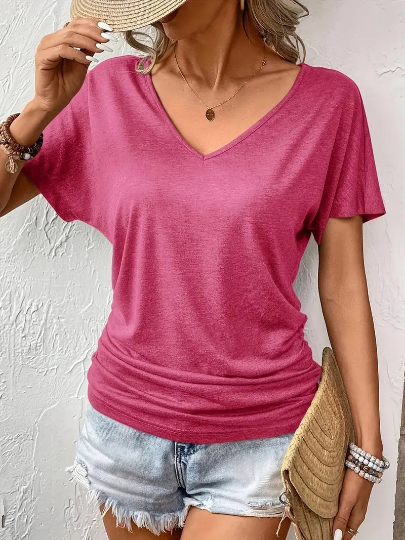 Solid Colour V-Neck Short Sleeve Pleated T-Shirt , Waist Wrinkle Curve