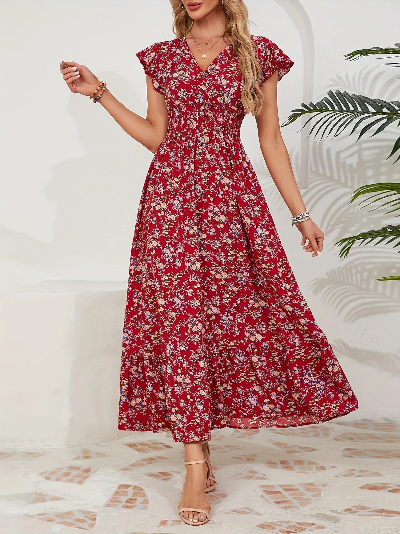 Women's Casual V-Neck Floral Print Dress - Lightweight