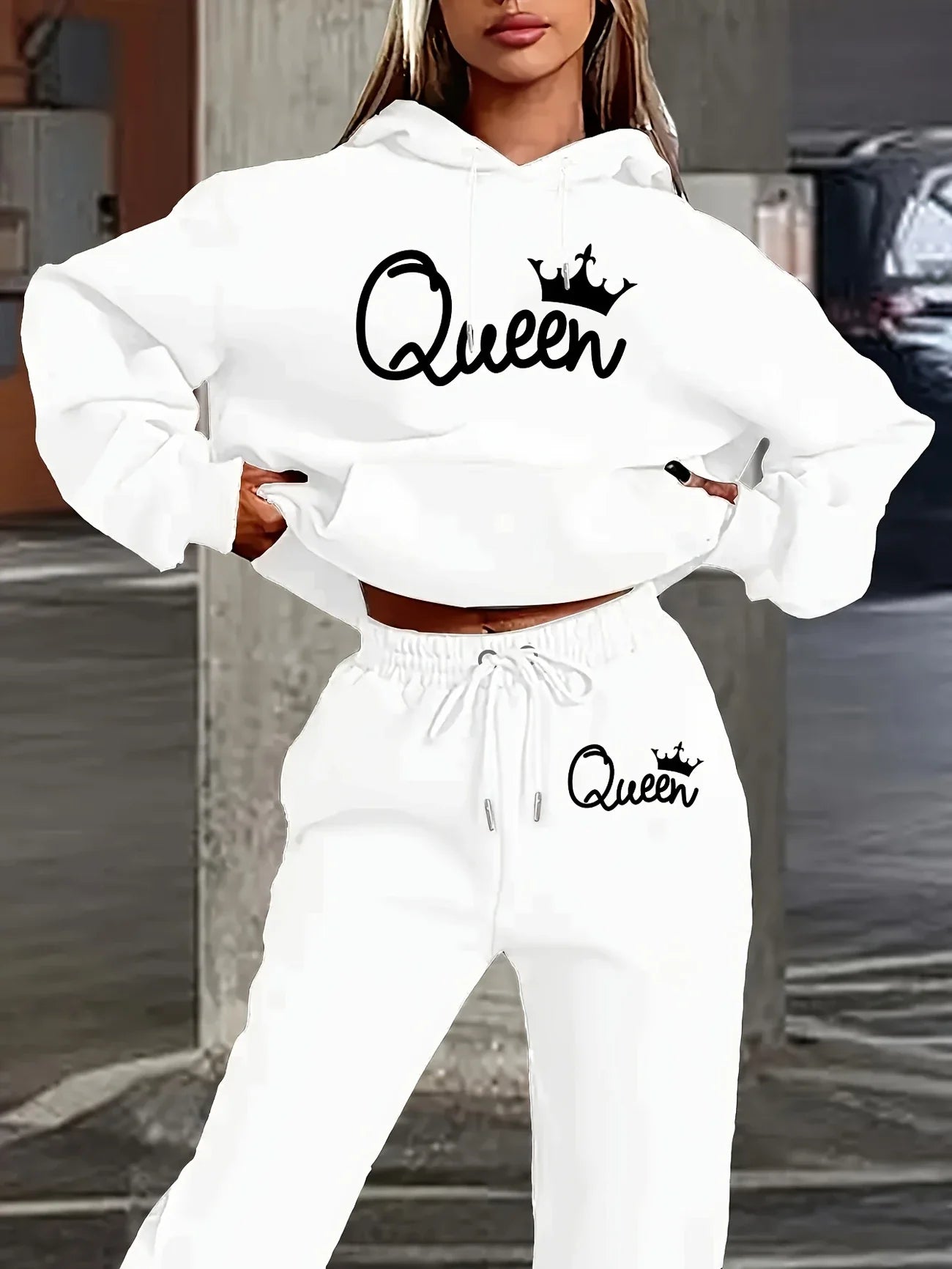 Two-Piece Queen Print Hoodie and Pants Set - Women's Clothing