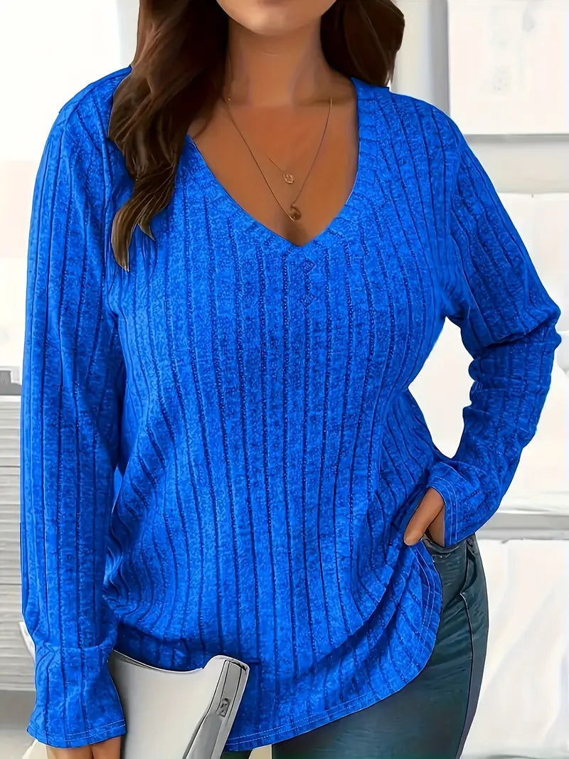 Elegant V-Neck Long Sleeve T-Shirt, Curve