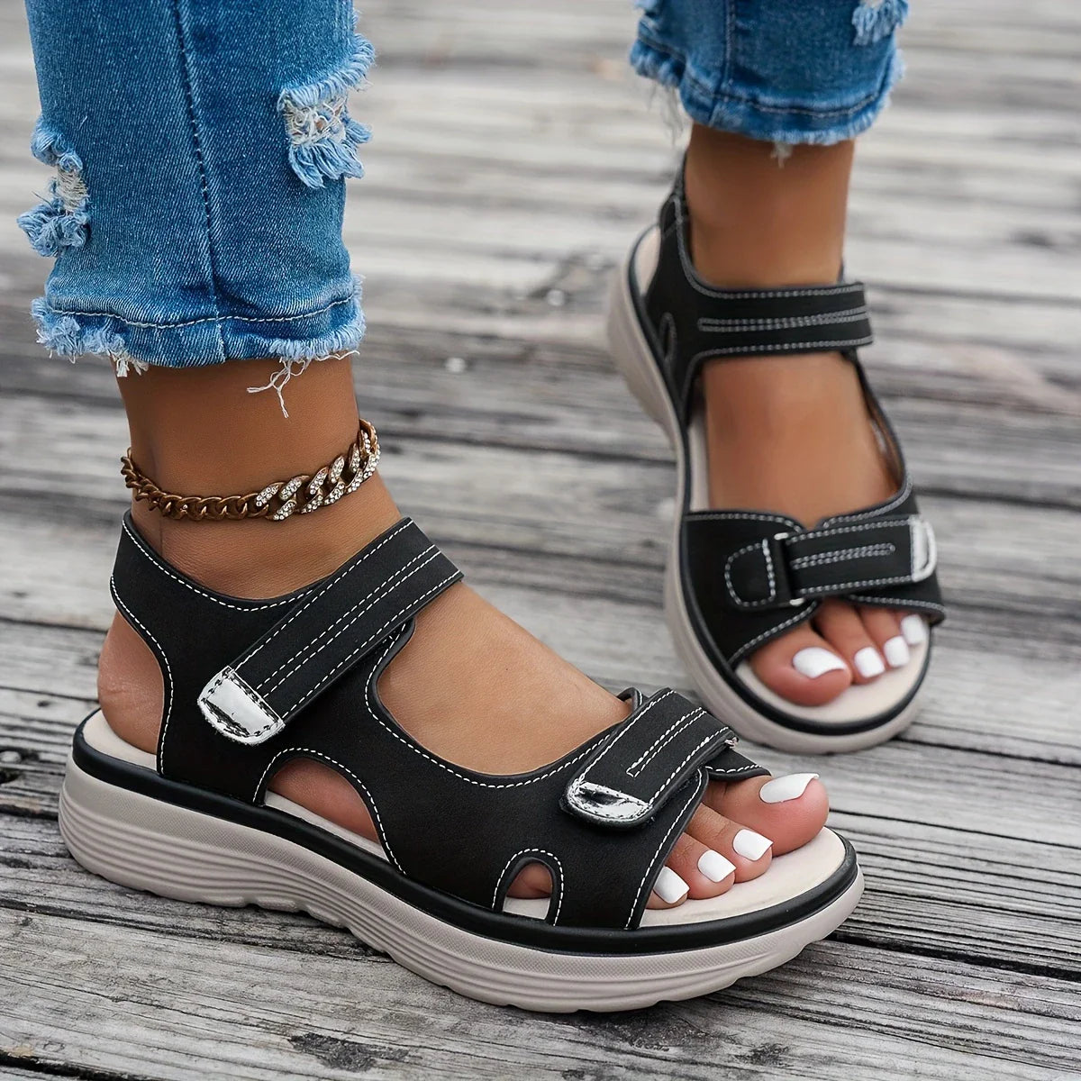 Women's Solid Color Velcro strap Sandals