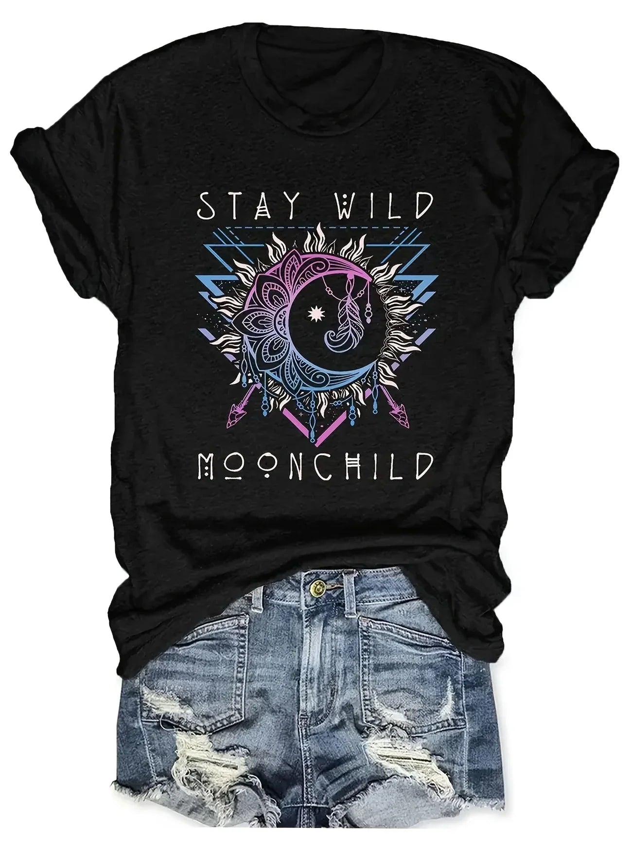 Women's Casual Sun & Moon Graphic Tshirt Stay Wild Moon Child