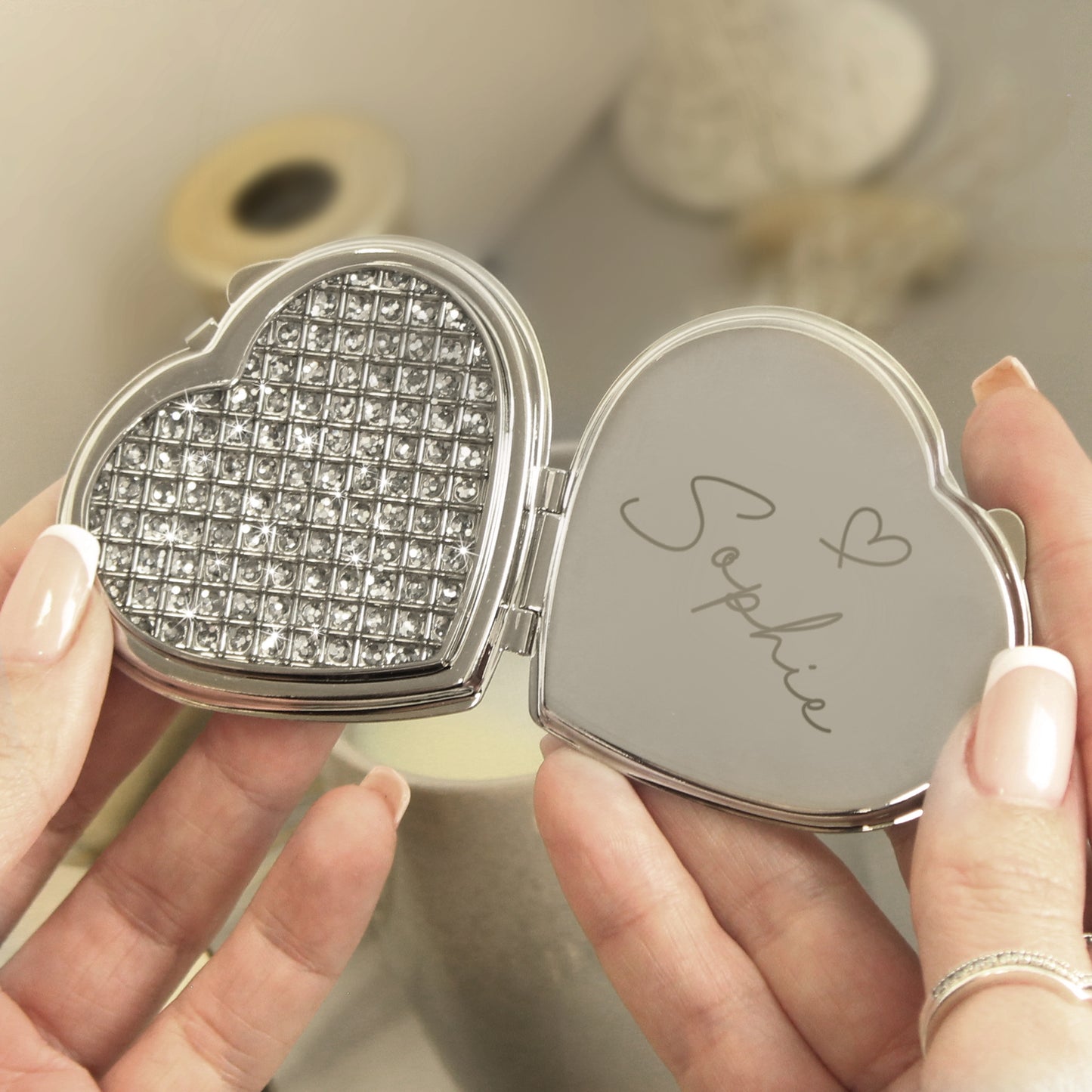 Personalised Name Diamante Heart Compact Mirror