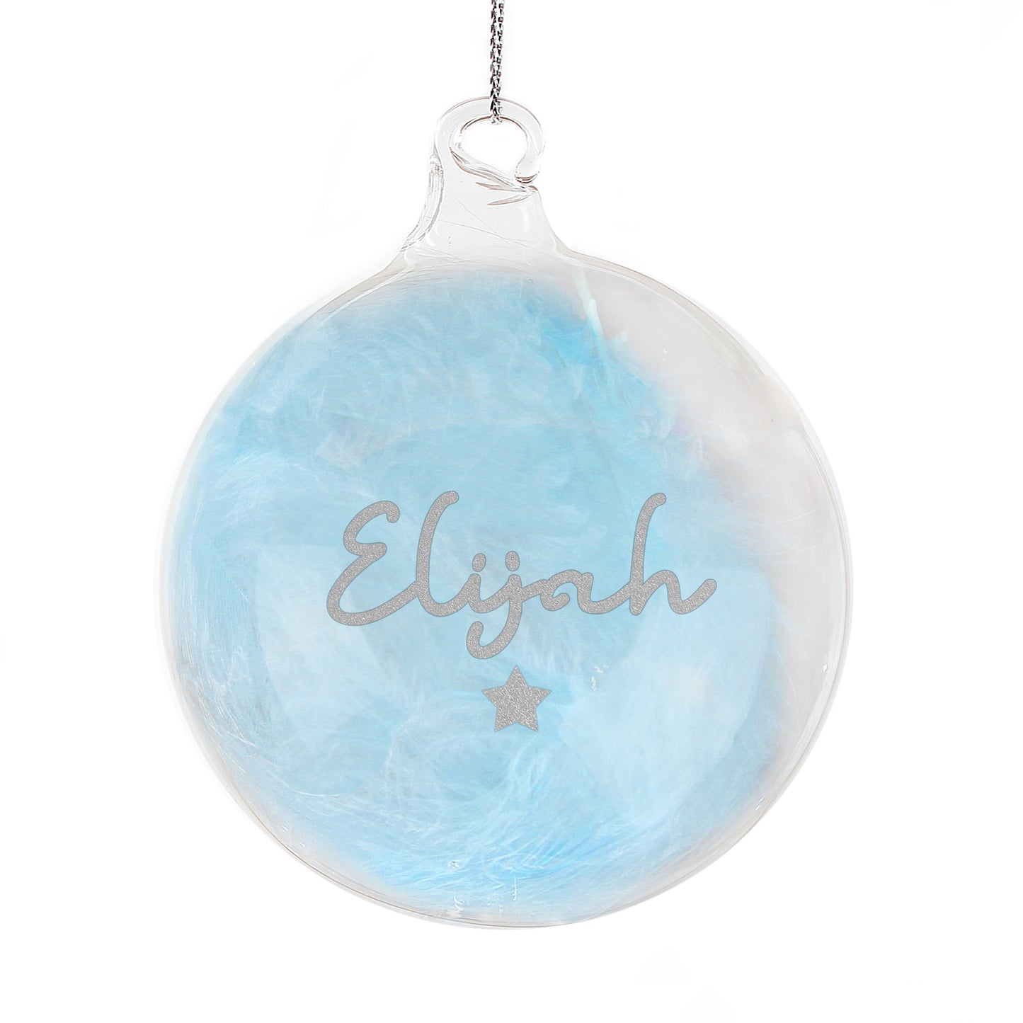 Personalised Blue Feather Silver Star Glass Bauble