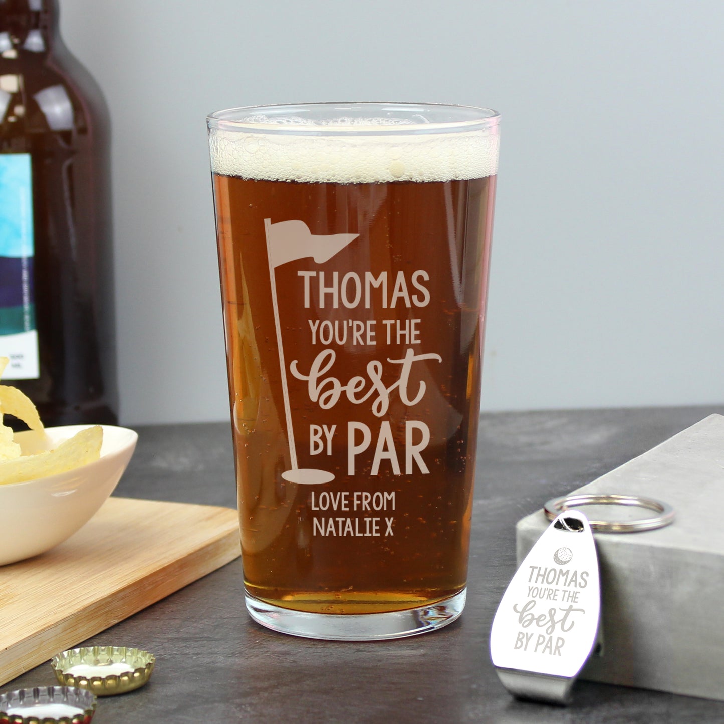 Personalised By Par Pint Glass & Bottle Opener Fathers day