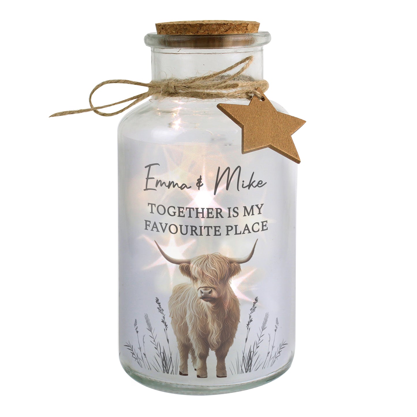 Personalised Highland Cow LED Light Up Jar