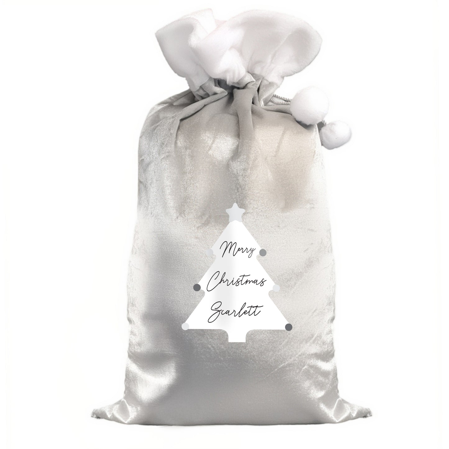 Personalised Christmas Tree Luxury Silver Grey Pom Pom Sack