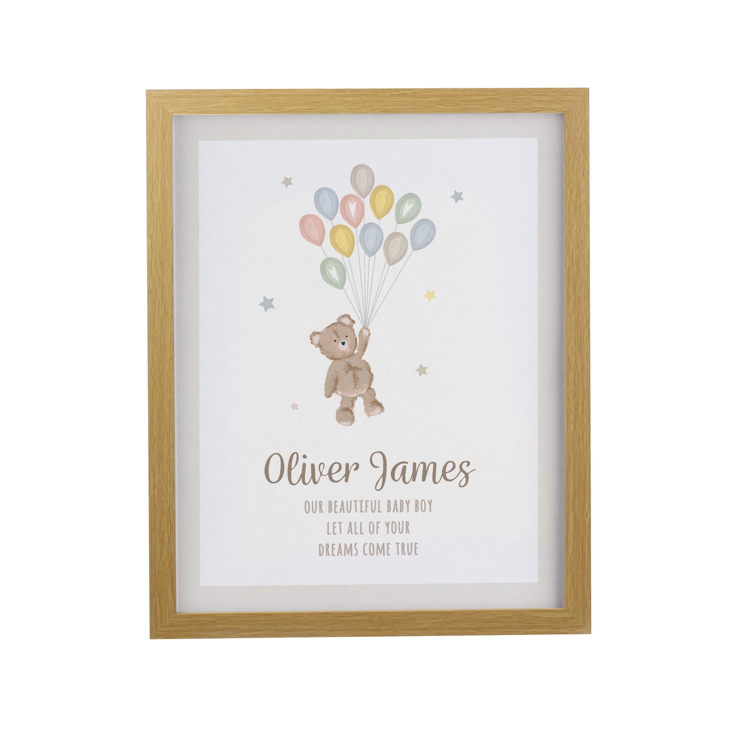 Personalised Teddy Balloon Oak Poster Frame