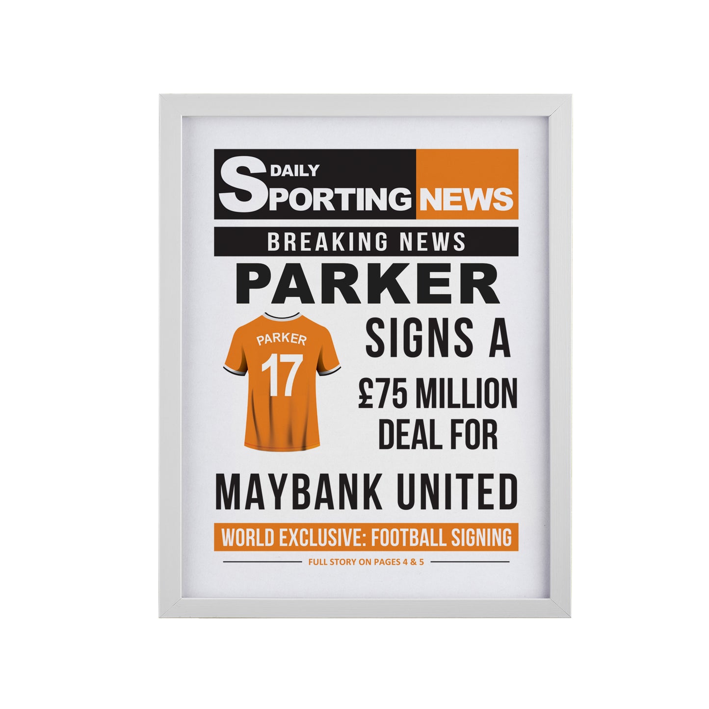 Personalised Football News White Poster Frame