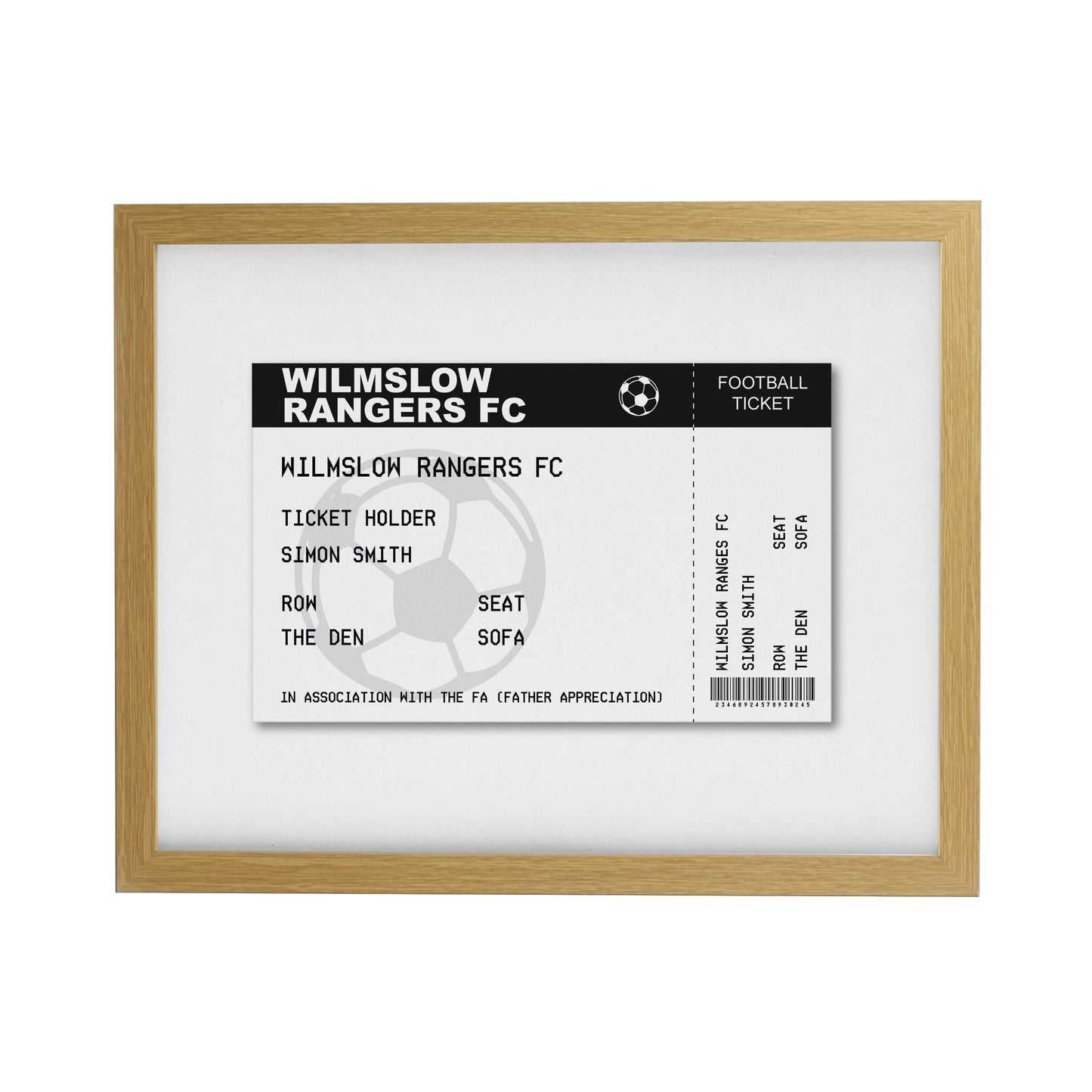 Personalised Football Ticket Oak Poster Frame