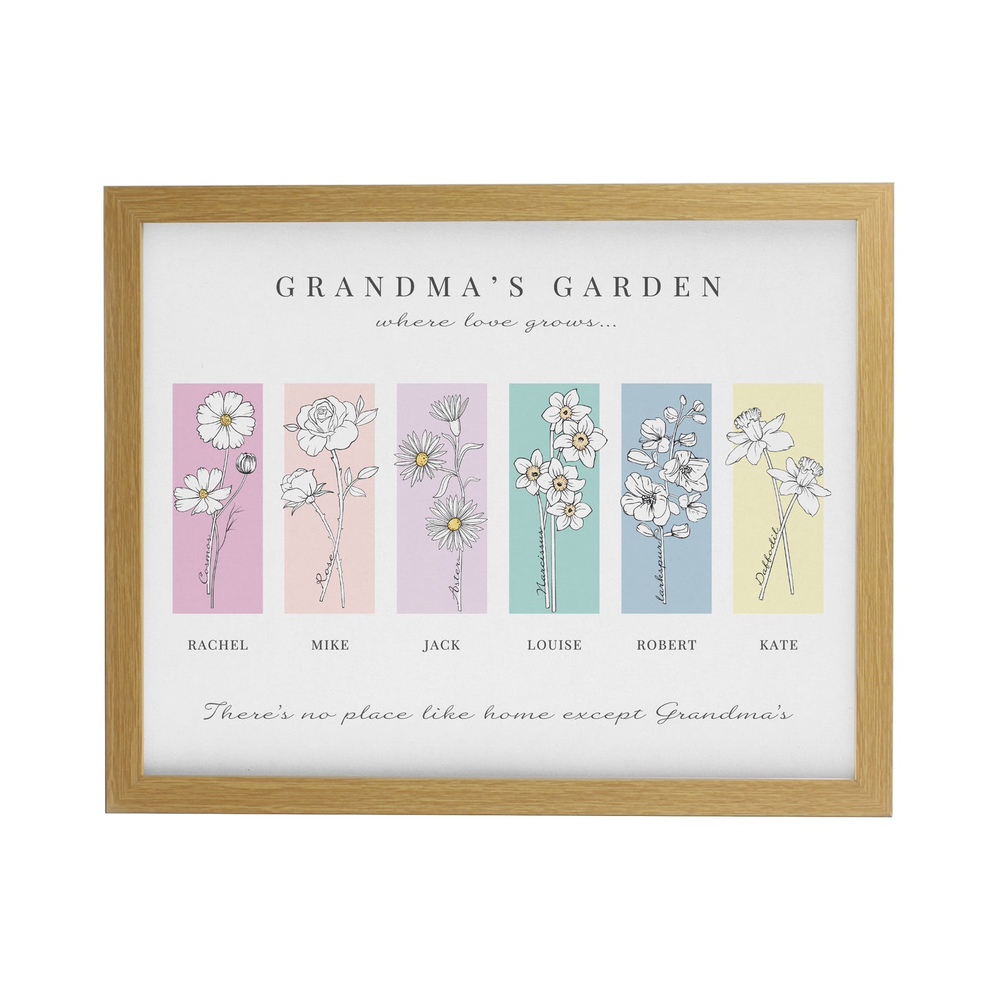 Personalised Birth Flower Family of 6 Oak Framed Print