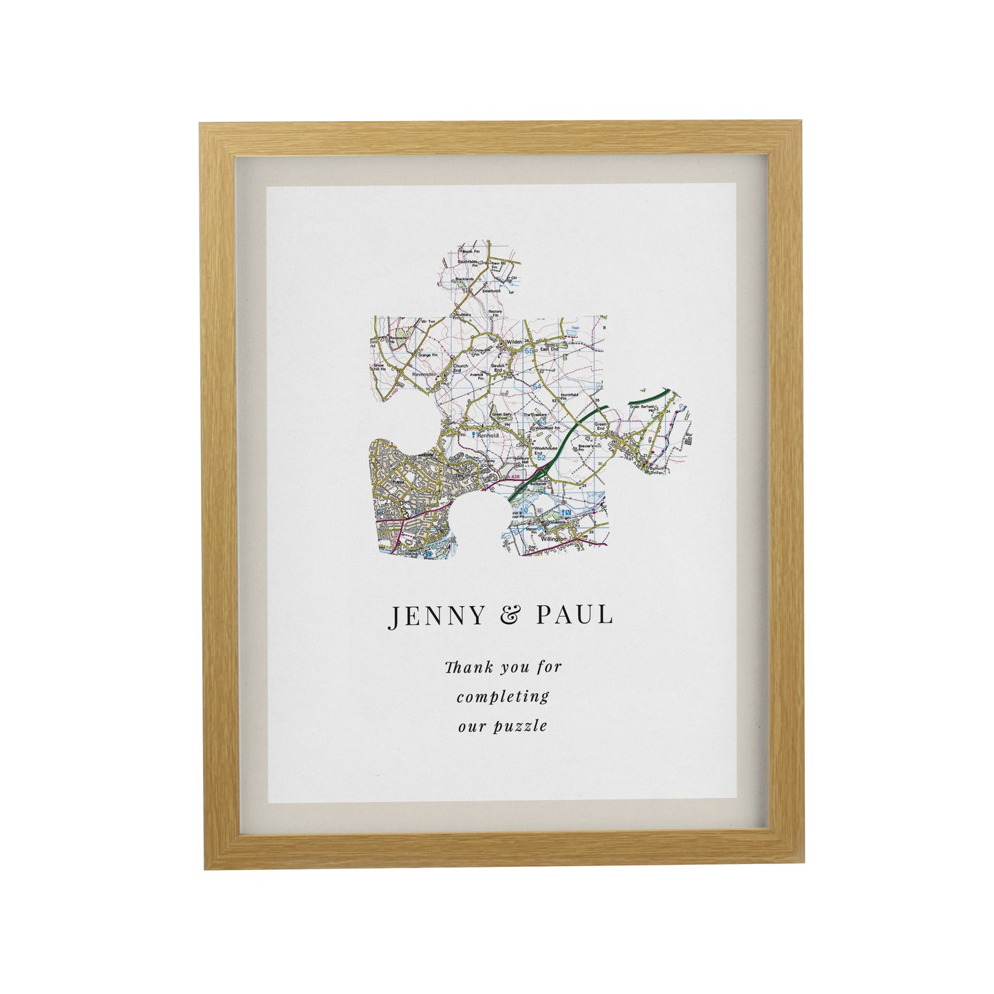 Personalised Present Day Map Puzzle Piece Oak Poster Frame