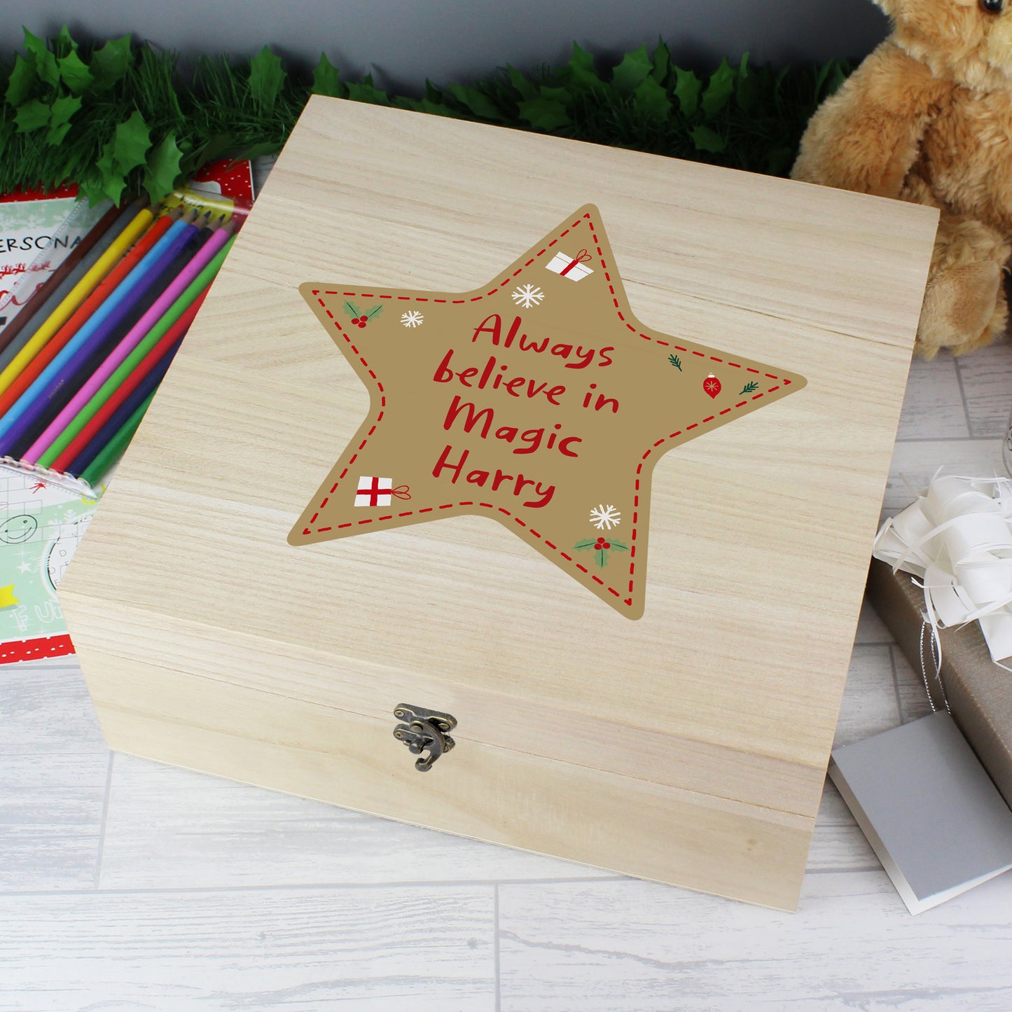 Personalised Christmas Star Large Wooden Keepsake Box