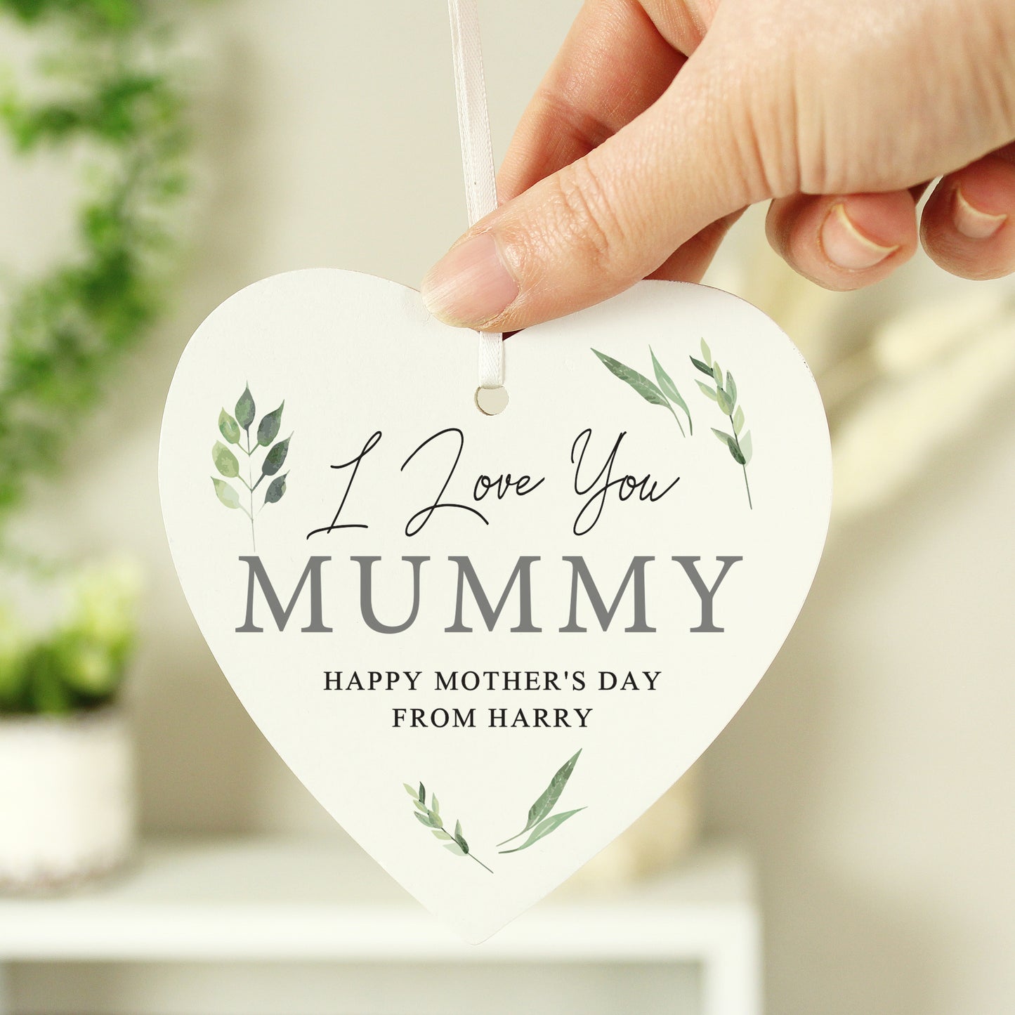 Personalised Botanical Script Wooden Heart Decoration