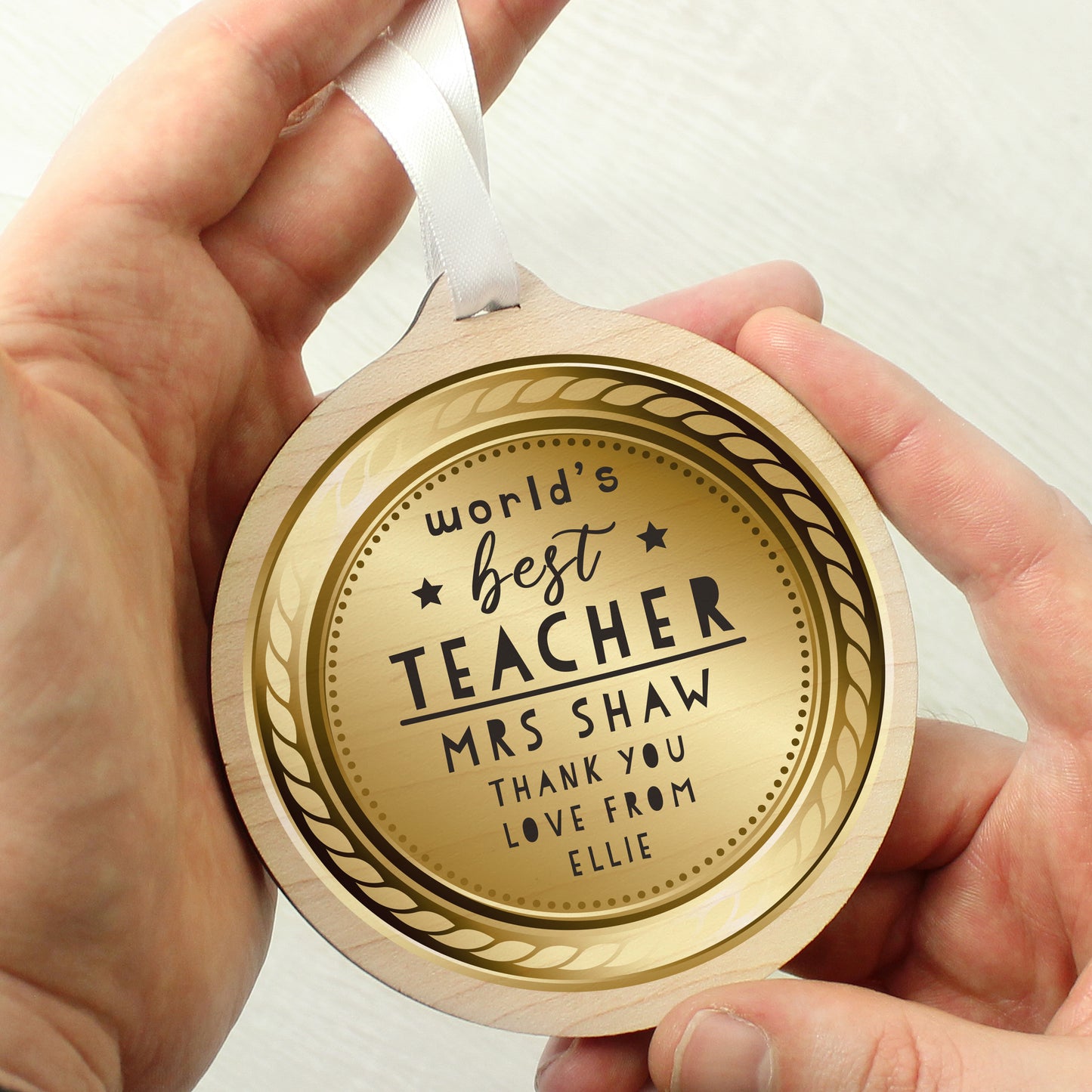 Personalised Worlds Best Teacher Round Wooden Medal