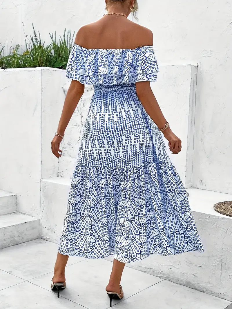 Elegant Off-Shoulder Floral Print Maxi Dress with Ruffle Detail - Blue & White