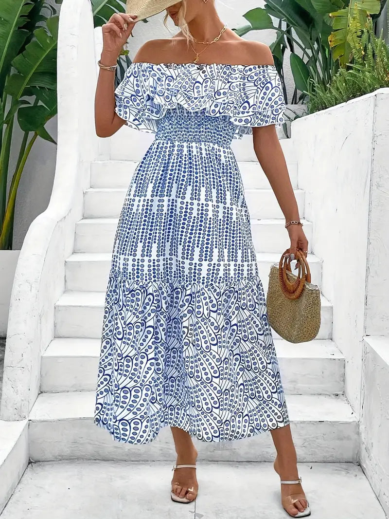 Elegant Off-Shoulder Floral Print Maxi Dress with Ruffle Detail - Blue & White