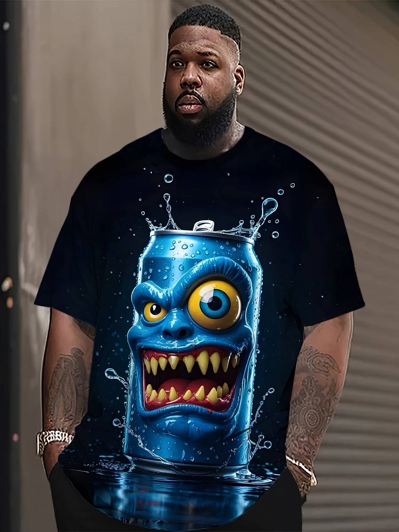 Cartoon Monster can and Water Splash T-shirt