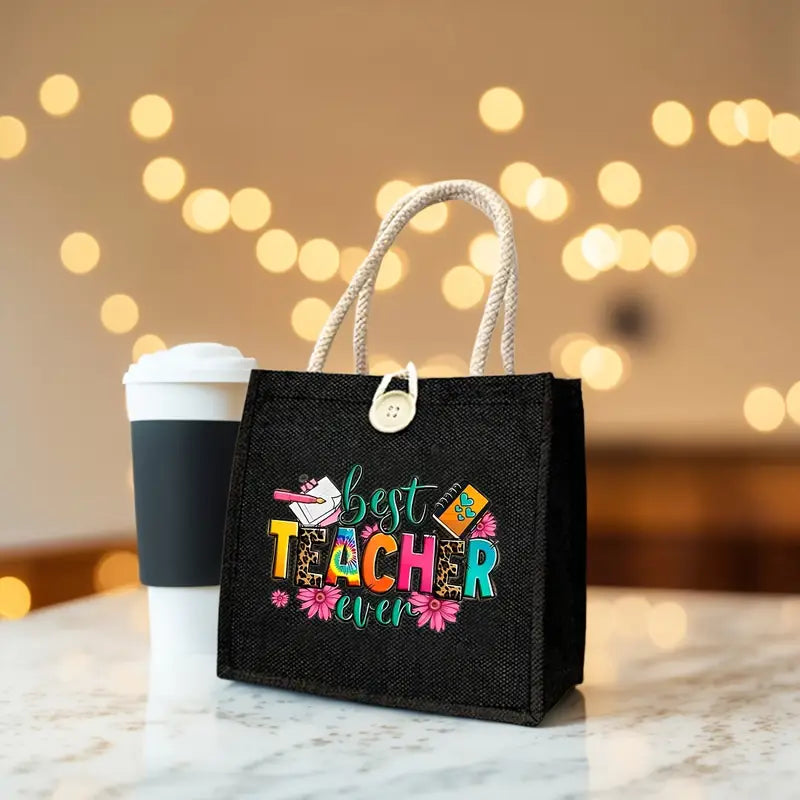 Best Teacher Ever Black Tote Bag with Colorful Letter Print