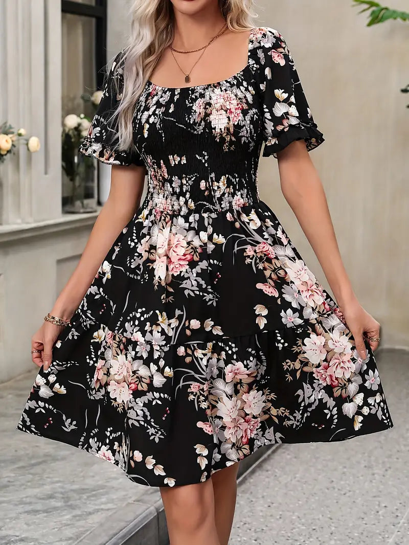 Floral Print Square Neck Ruffled Dress