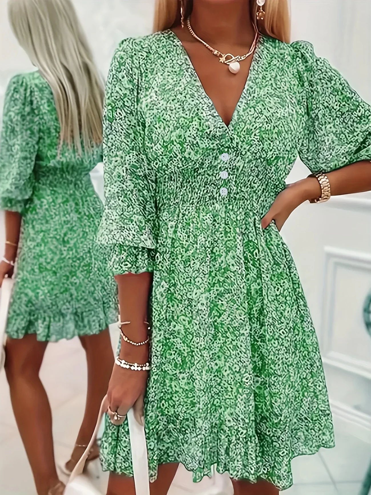 Floral Print Short Sleeve Bubble Sleeve A-Line Dress, with Button Details