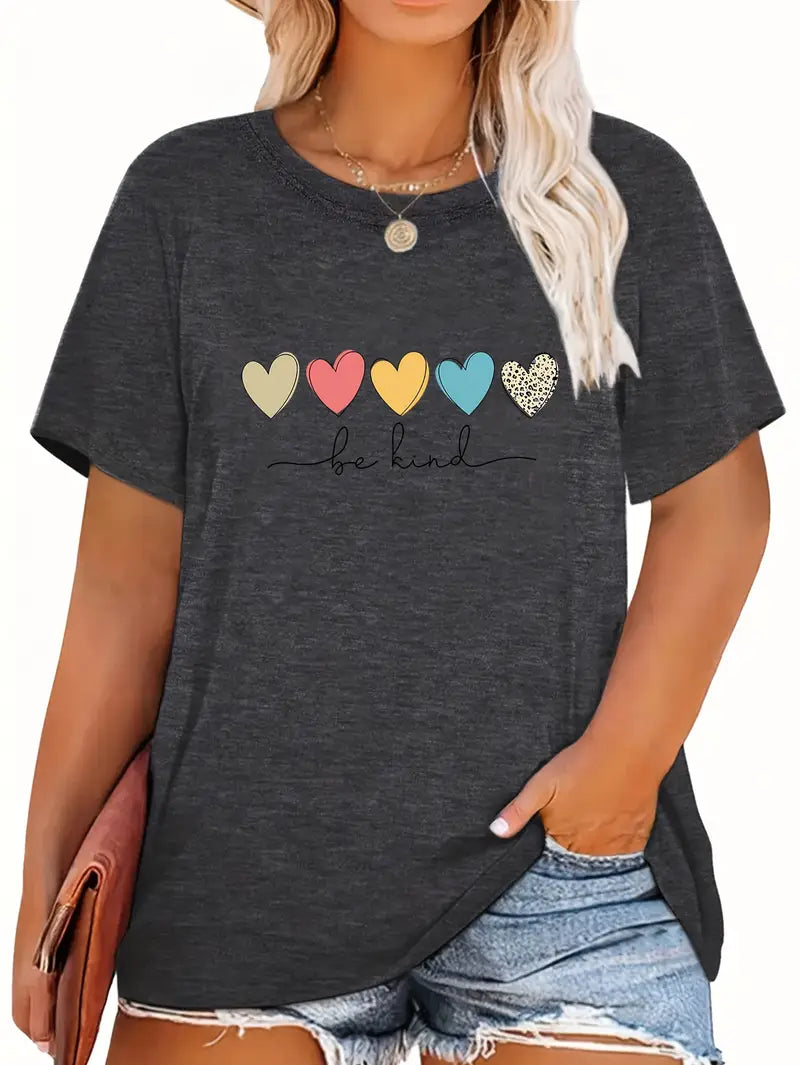 Casual T-shirt, Heart & Slogan " Be Kind" Short Sleeve T-shirt Curve