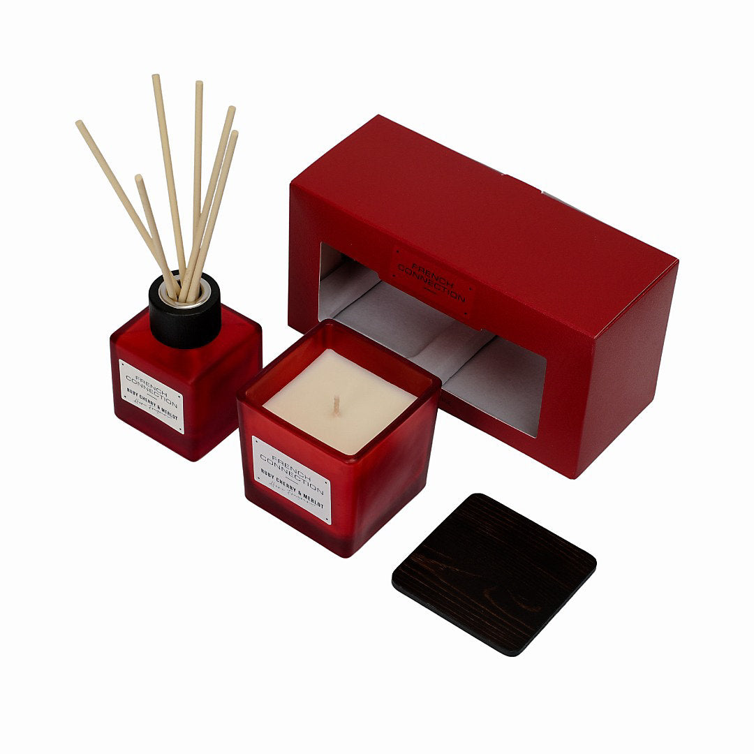 French Connection Cherry Merlot 220G Candle and 100ML Reed Diffuser Gift Set Square Design