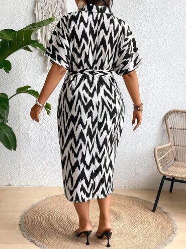 Elegant Black & White Print Midi Shirt Dress with Batwing Sleeves Curve
