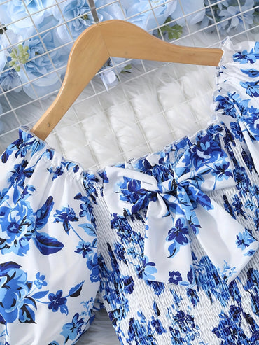 Blue Floral Off-Shoulder Maxi Dress with Bow Detail  Age 13-16