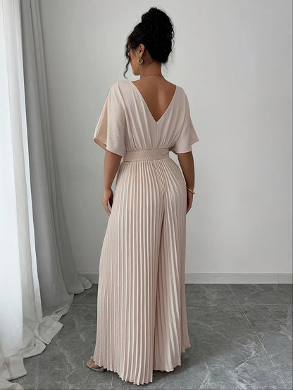 Women's Solid Deep V-Neck Bat Wing Pleat Elegant Jumpsuit Black or Beige 6 - 26